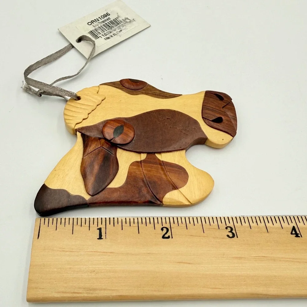 Cow Head Ornament Small Brown Tan Intarsia Wood Farmhouse Decor Double Sided